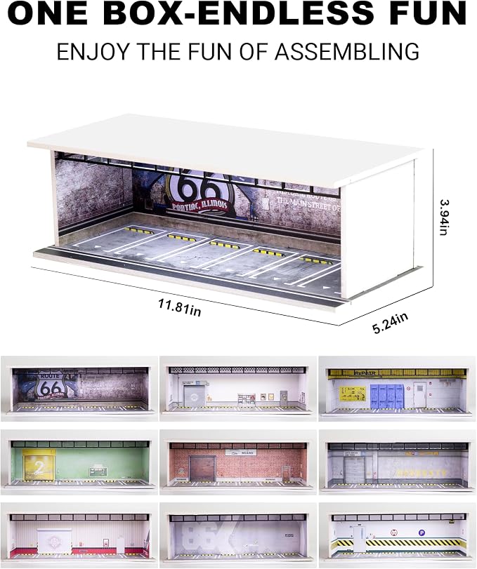 1/64 Scale Display Case Car Garage Moldel, Acrylic Cover Diecast Car Show Case with LED Light 6 Parking Spaces, Hot diecast Wheel Parking Scene (Vehicles Not Included) Repair Shop