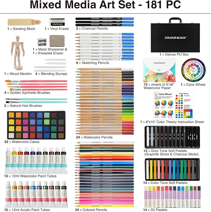 COLOUR BLOCK 181-Piece Mixed Media Art Set in PU Leather Case for Drawing Sketching Painting, Soft Oil Pastels, Acrylic Watercolor Paints, Pencils, Art Supplies Kit for Artists, Professional, Adults, Beginner