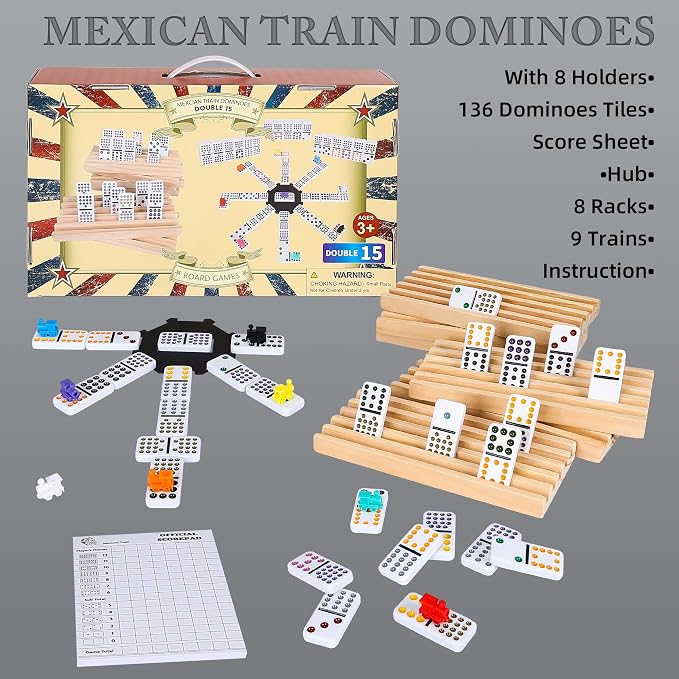 Mexican Train Dominoes Set Double 15, Dominoes Set for Adults and Family, Colored Dot - 136 Tiles in Tin Box, 9 Trains, Hub, 8PCS Wooden Trays