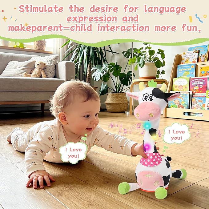 Dancing Talking Giraffe Toy, Stuffed Animal Baby Toy Repeating What You Say, Glowing Musical Giraffe Gifts for Toddlers 1-3 Years Old, for Kids (Cow)