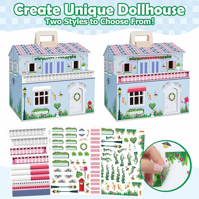 SIMPLIPLAY Wooden Dollhouse, DIY Portable Pretend Play Doll House Set with 4 Rooms, 13 Furnitures, 2 Dolls, 3 Sticker with 2 Styles, Enhance Creativity, Doll House for Kids Toddler Christmas Birthday