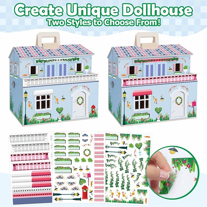 SIMPLIPLAY DIY Portable Wooden Dollhouse, Pretend Play Doll House Set with 4 Rooms, 13 Furnitures, 2 Dolls, 3 Sticker with 2 Styles, 1 Wooden Ladder, Doll House for 3+ Year Old Kids Boys Girls Gift