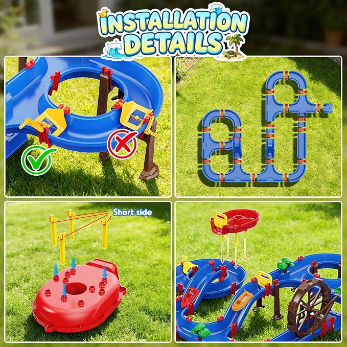 VATOS 2-Tier Watermill Summer Water Table, 124 PCS DIY Water Table with Water Pump Toys for Toddlers 3-5 4-7 Years Old, Fun Water Playset Outdoor Water Summer Toys for Backyard, Beach, Balcony, Garden