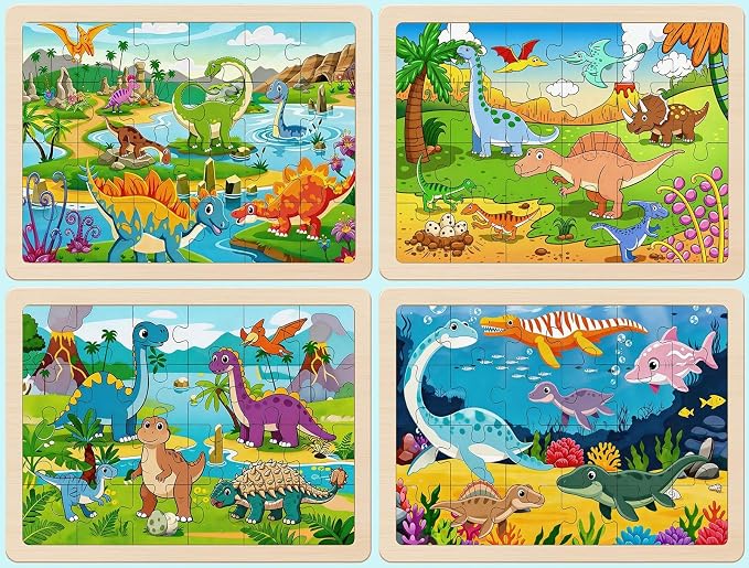 Wooden Puzzles Dinosaur Toys for Kids Ages 4-6, 4 Packs 24 Piece Wooden Jigsaw Puzzles Preschool Educational Brain Teaser Boards Toys Gifts for Boys and Girls 3 4 5 6 Years Old