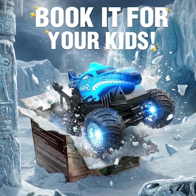 BEZGAR 1:20 Shark Monster Truck Toys, 360°Stunt RC Cars Rotation Monster Trucks with Music, 2 Batteries and Wireless LED Strobe Lights, Remote Control Car for Boys 4 5 6 7 8 9 Years Old(Blue)
