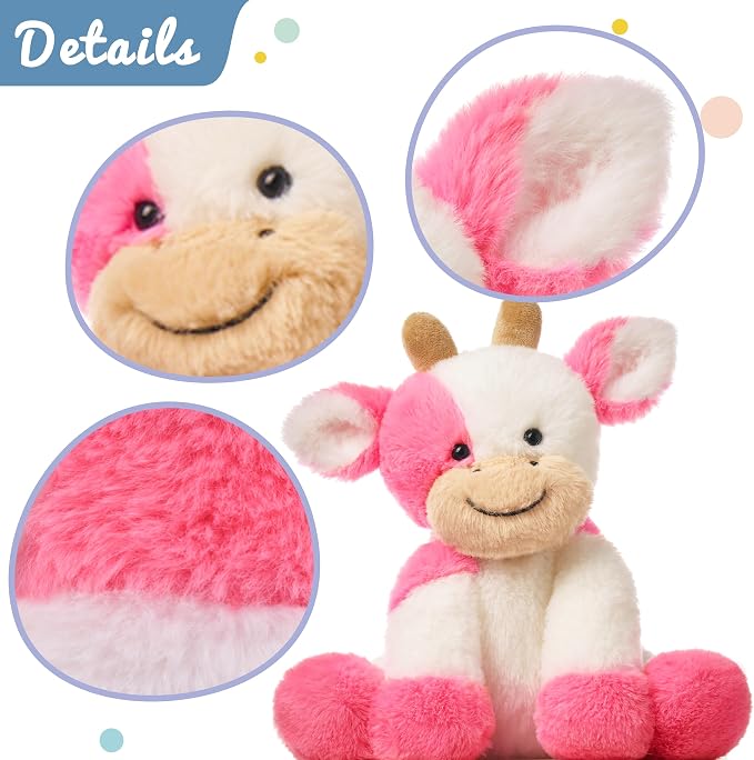 Hopearl Adorable Plush Cow Toy Floppy Dairy Cattle Soft Kawaii Stuffed Animal Cute Birthday Holiday Gift for Boys Girls Kids Toddlers, Strawberry Pink, 9''