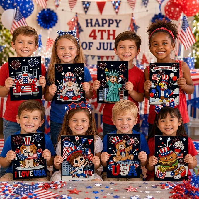 Cinrobiye 48 Pcs 4th of July Crafts, Patriotic Velvet Coloring Posters Bulk, Red White and Blue Craft Kit, Independence Day Coloring Activities for Kids, Seniors, Classroom, Party and Group Events