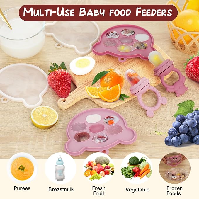 Baby Breastmilk Popsicle Molds & Baby Fruit Feeder (4 Pack), Infant Food Freezer Tray Storage Containers, Silicone Teething Pacifier Feeder and Teether for Babies,Silicone Feeder(Pink)