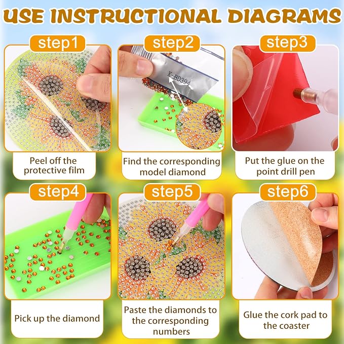 UPINS 8Pcs Sunflower Diamond Art Painting Coasters for Drinks DIY Coaster Diamond Art Kits for Adults Diamond Art Craft Supplies (Sunflower)