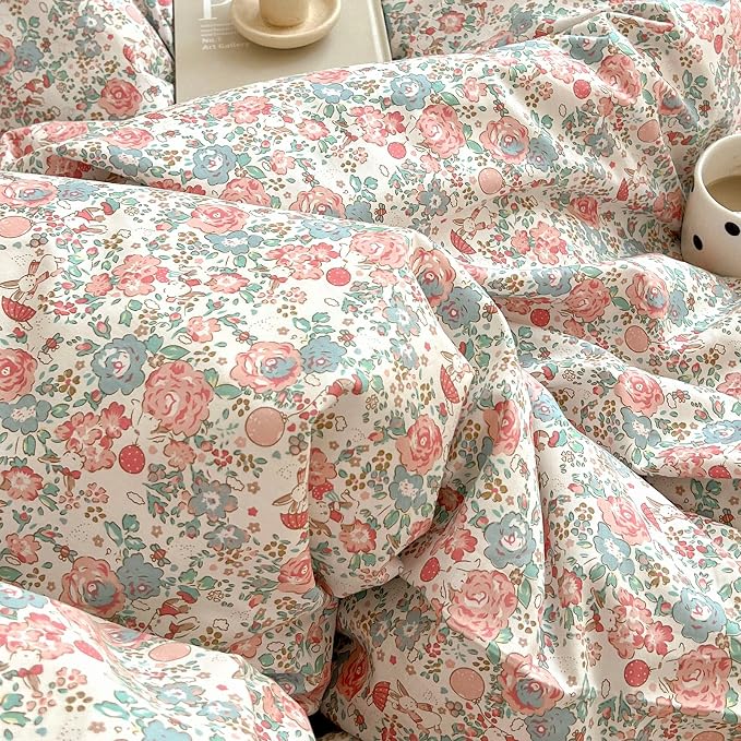 LIFETB Pink Floral Comforter Set Full Cute Girl Floral Bedding Comforter Set for Full Size Bed Chic Garden Style Flower Comforter with 2 Pillowcases Vintage Botanical Bedding Comforter Set All Season