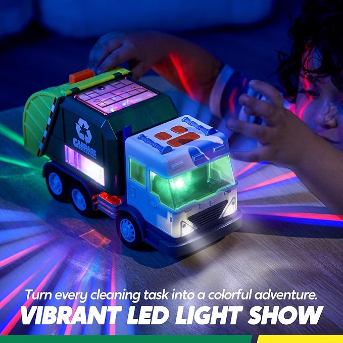Vroomix LED Garbage Truck Toy Set Includes Dumpster, Toy Truck with Mode Switch & Volume Control, Trash Vehicle with Lights and Sounds, Automatic Bump, Birthday Gift for Boys Girls