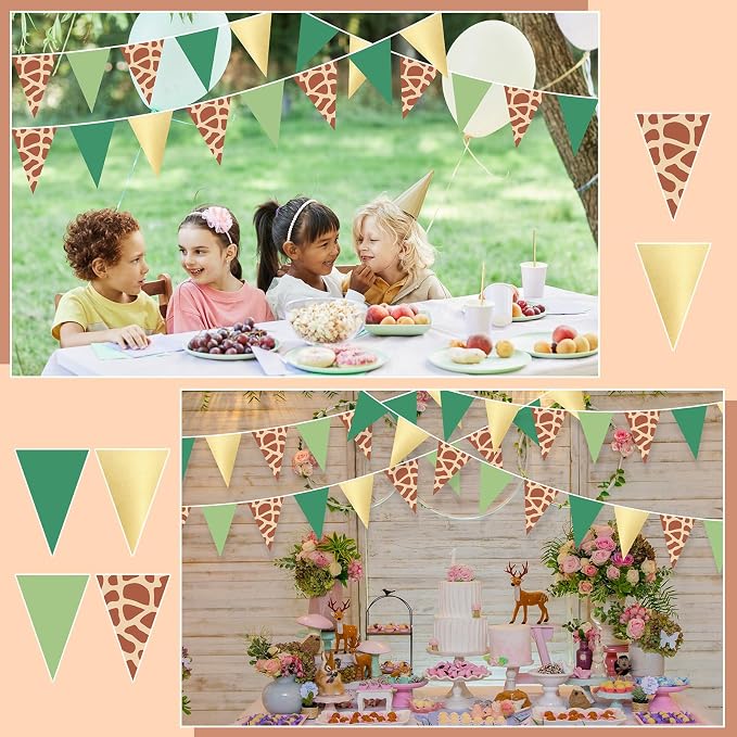 Tiamon 5 Pcs Safari Birthday Banner Decorations Giraffe Animals Green Jungle Wild One Pennant Bunting Printed Triangle Flag for Jungle Wild Baby Shower Zoo Giraffe Birthday Party Decor Supplies