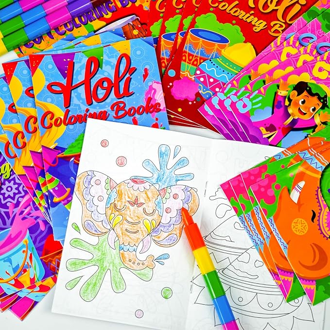 Cinrobiye 24 Set Holi Coloring Books Bulk DIY Mini Happy Holi Art Drawing Set with Stackable Crayons for Festival Party Gifts Goodie Bag Fillers Classroom Activity Rewards