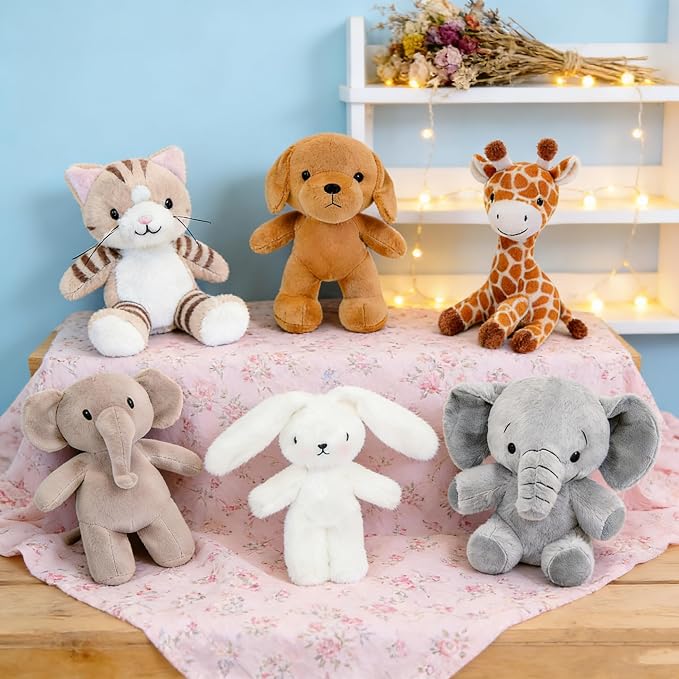 6 Pcs Stuffed Animals Bulk, 11 Inch Small Stuffed Safari Animals, Zoo Stuffed Animals Set (Cat Dog Elephants Giraffe Bunny) Baby Shower Party Decor, Easter Gift for Classroom Kids, Teens, Girls