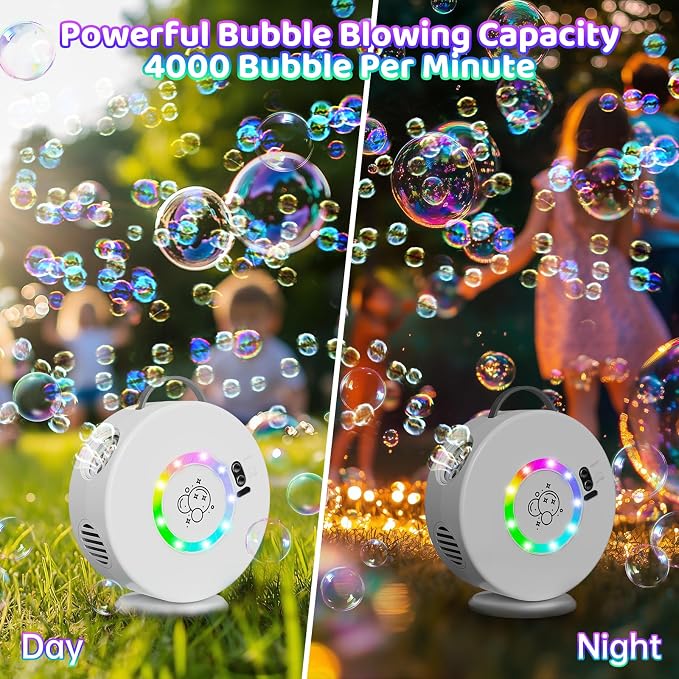 Bubble Machine for Kids Toddlers, 90° 360° Rotatable Automatic Bubble Maker with RGB Light, 4000+ Bubbles/Min Bubble Blower for 3 4 5 6 7 8 Year Old, Easter Christmas Birthday Outdoor Wedding Gifts