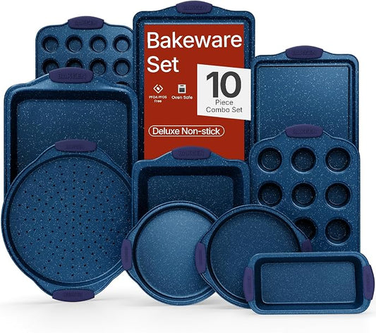 BAKKEN Kitchen Baking Pan Set - Nonstick Coating, Carbon Steel Bakeware Sets with Blue Silicone Handles, Baking Kitchen Essentials, PFOA, PFOS, PTFE Free, Oven Safe Tray (Up To 450° F), Set of 10