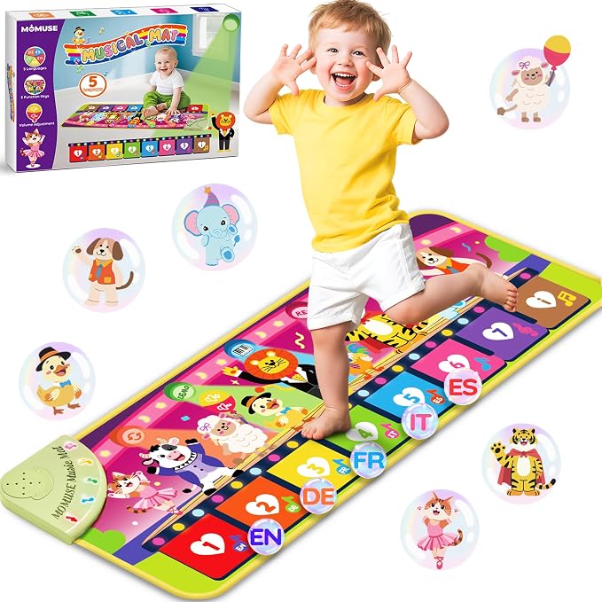 MOMUSE Music Piano Mat 5-Language (EN/DE/FR/IT/ES) for 3 4 Year Old Boys Girls, Multilingual Education Baby Toy with 9 Animals & Recording, Portable Toddler Infant Kids 3+ Christmas Birthday Gifts