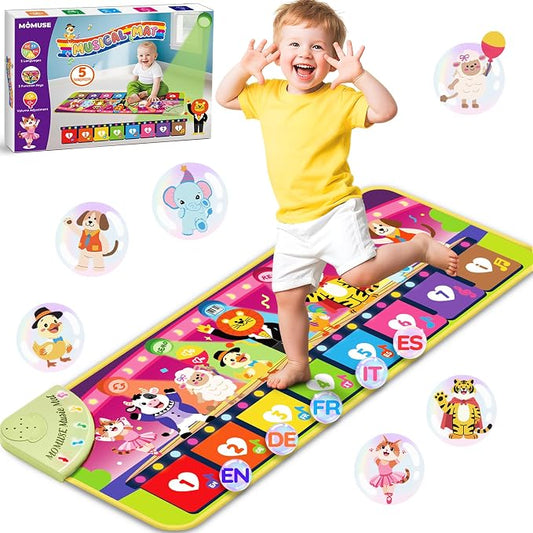 MOMUSE Music Piano Mat 5-Language (EN/DE/FR/IT/ES) for 3 4 Year Old Boys Girls, Multilingual Education Baby Toy with 9 Animals & Recording, Portable Toddler Infant Kids 3+ Christmas Birthday Gifts