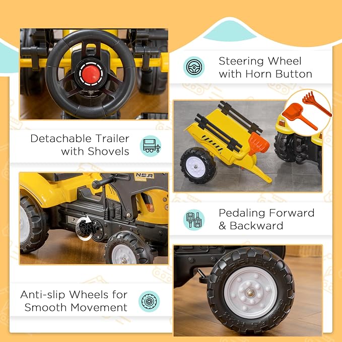 Aosom Kids Ride-On Excavator, Pedal Car Bulldozer, Move Forward/Back with Real Working Dirt Bucket, 6 Wheels, & Cargo Trailer