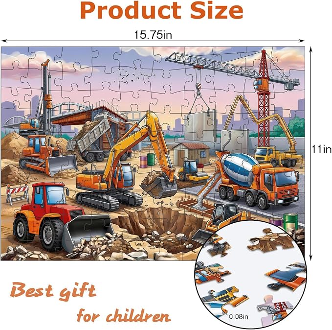 100 Piece Puzzles for Kids Ages 4-6 6-8 8-10, 100 Piece Construction Site Learning Educational Jigsaw Puzzles, Vehicle Kids Puzzles Ages 5-8 Gifts for Girls Boys - Every Piece is Unique