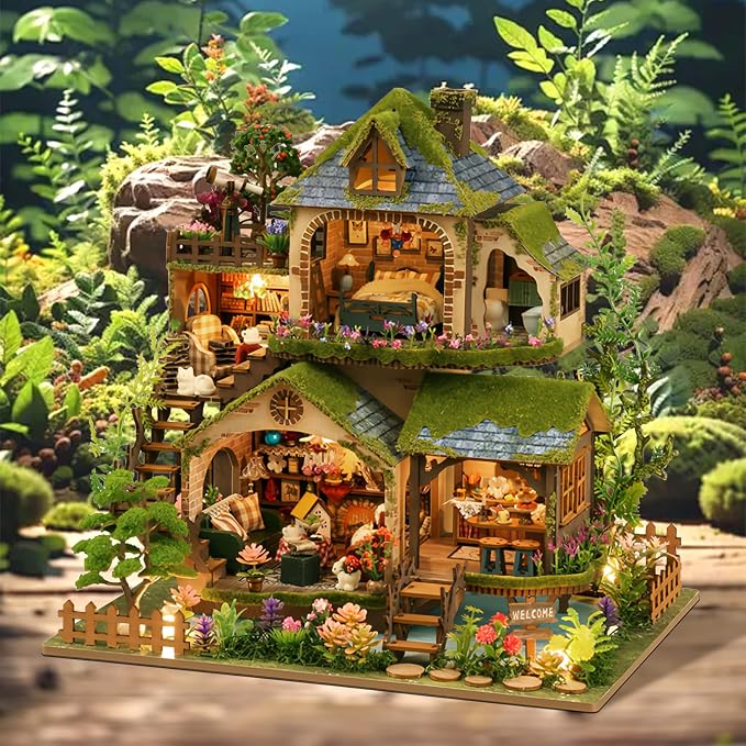 DIY Miniature House Kit, DIY Dollhouse Kits for Adults to Build, Crafts with LED Light, Forest Adventure Mini Building Kit, Birthday Gift for Family and Friends