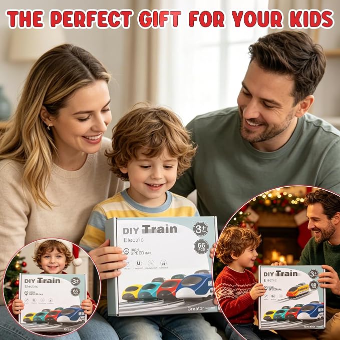 Wdmiya Train Sets for Toddlers, 66 Pcs Trains Toy with Battery Operated & Tracks (Magnetic Connection), Compatible with Thomas, Brio, Christmas Toy Gifts for 3 4 5 6 7 8 Years Old (Fire Engines)