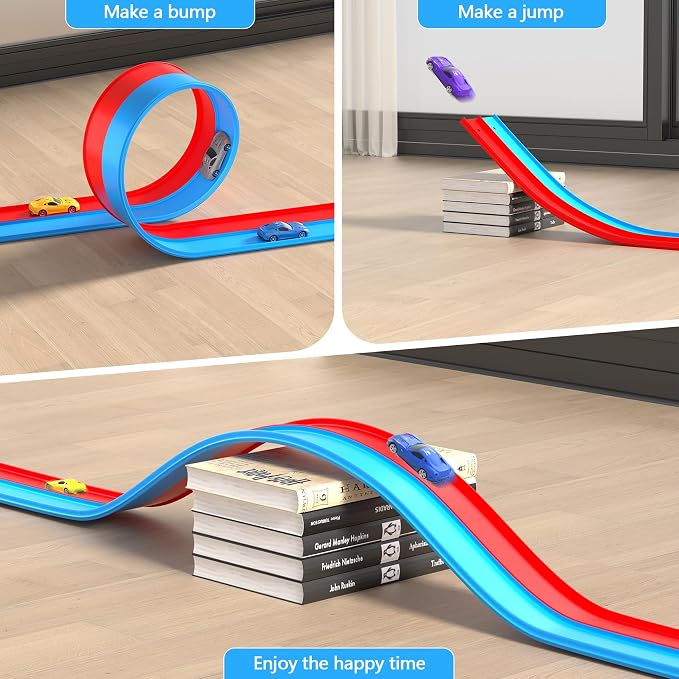 15FT Flexible Race Track with 4 Cars - DIY Car Ramp Track for Jumps, Loops, Ramps - Portable Roll-Up Dual Racetrack for Indoor Outdoor Play, Ages 3+ (Blue+Red)