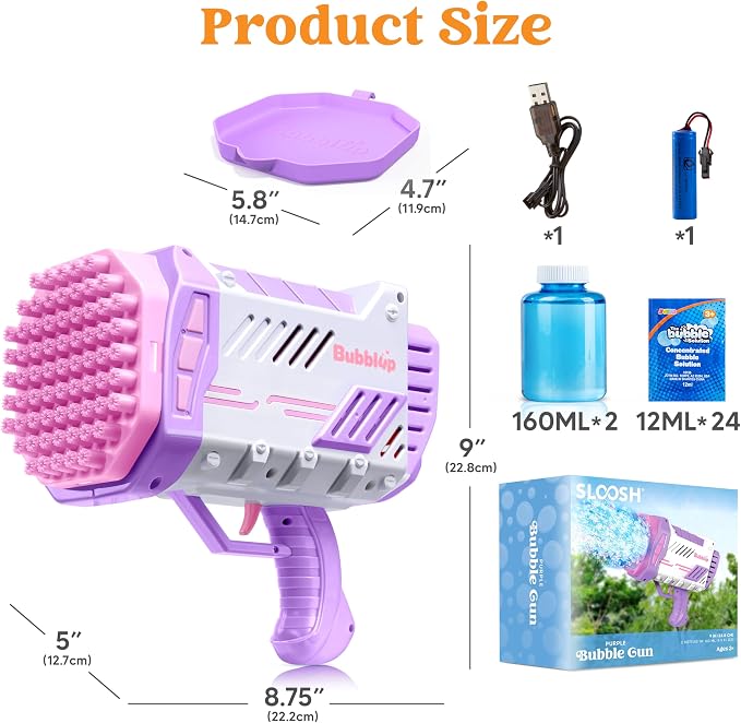 Sloosh Bubble Machine Gun W/Solution for Kids Ages 4-8, Light-Up Bazooka Rocket Shape Bubble Guns Blaster for Outdoor, Summer Toys Gifts, Party, Wedding, Easter