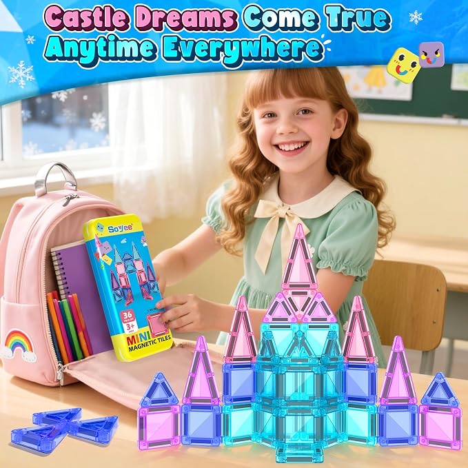 Soyee Mini Magnetic Tiles Kids Toys Travel Essential Games Magnet Building Blocks STEM Sensory Educational Toys for 3 4 5 6 7 8+ Year Old Boys Girls Christmas Birthday Gifts