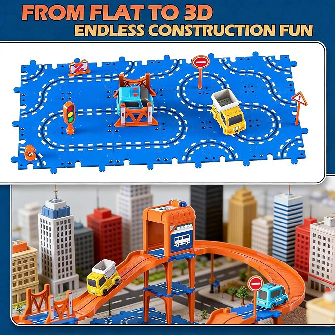 Toddler Puzzles Track Car Track Toys for Kids, Floor Puzzle Race Track with Cars and Road Signs, STEM Building Toys for Toddler Boys Girls 3-5, Birthday Gifts for Toddler Boys & Girls 4-7 Year Old