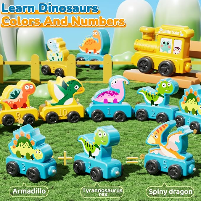 JUKUDAHU Magnetism Toys Dinosaur Train Set for Toddlers 1 2 3 4 Years Old - Dinosaur Toys for Kids, Color Sorting Toy, Preschool Educational Learning Activities, Birthday Gifts for Boys Girls 1-3, 2-4