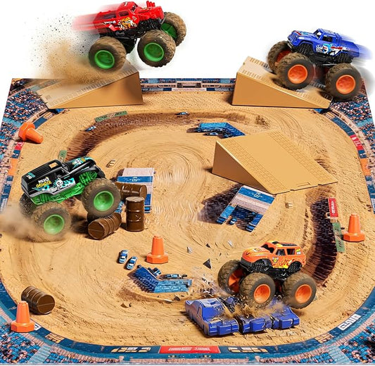 27pcs Monster Truck Playset with Arena Playmat, 1:64 Mini Toy Trucks with Interchangeable Car Shells, Ramps & Barrels, DIY Racing Game Birthday Gifts for Boys Kids Age 3 4 5 6 7 8 Year Old