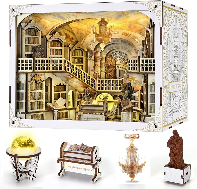 MiniCity DIY Book Nook Kit for Adults, 3D Wooden Puzzle Bookend Bookshelf Insert Decor with LED Light and Dust Cover (Library of Gods Max)