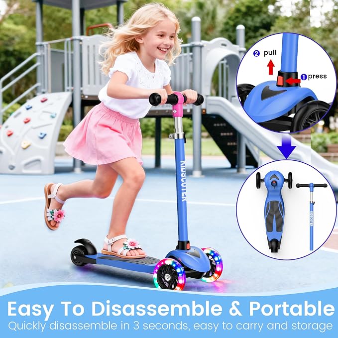 Multicolor Kids Scooter for Ages 3-12, 3 Wheel Lean to Steer Scooter with LED Light-Up Wheels, Adjustable Handlebar, Detachable Easy Storage for Boys & Girls