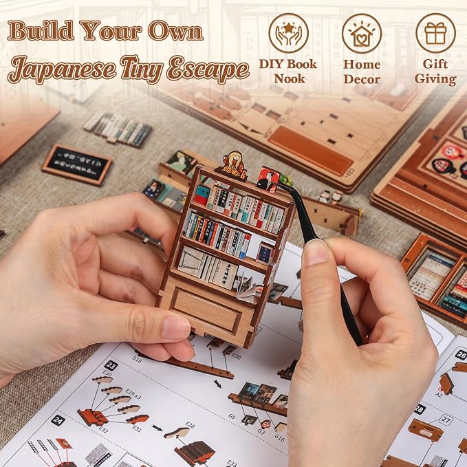 CUTEBEE Book Nook Kit - DIY Miniature House Japanese Kyoto Bookstore, Dollhouse Booknook for Adults, Tiny House Bookshelf Decor 3D Wooden Puzzle Gifts (Antique Bookery of Kyoto)
