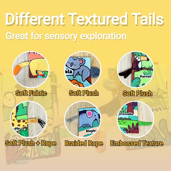 Soft Baby Books, Tummy Time Cloth Travel Toys 0-6 Months Touch Feel Sensory Book Jungle Tails for Babies Girl 3-6 6 to 12 Month Old 0-3-4-5-6-7-8-9 Newborn Infant Boy Must Haves Birthday Gift