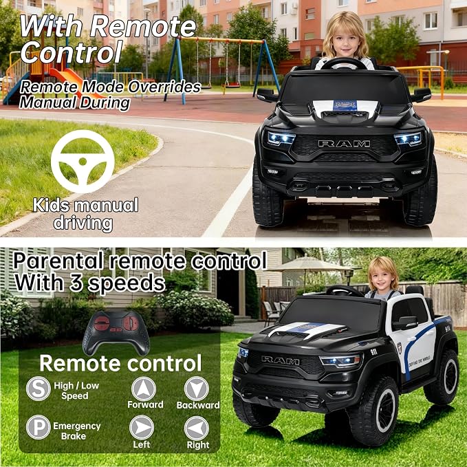 FINITO 4WD Kids 24V 4x4 Kids Ride On 2 Seater Police Truck, Remote Control Ride On Toy Car, Kids' Electric Ride On Truck, Kids' Side by Side Truck for Children Ages 3+, Powered Cars for Kids