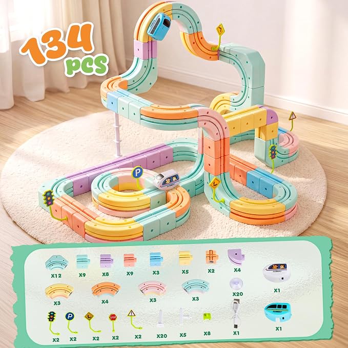 Hot Bee Electric Train Set for Kids, Gravity-Defying 3D Train Track Set with 134PCS Flexible Snap-On Tracks, USB Rechargeable Motorized Car, STEM Building Toy Birthday Gifts for Boys Girls 3 4 5 6 7 8