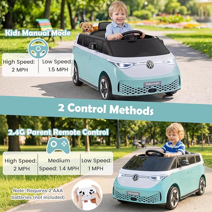 Costzon Ride on Car, 12V Licensed Volkswagen Kids Car Bus with Storage Compartment, Music, Story, Spring Suspension, LED Headlights, Electric Vehicles for Boys Girls Aged 3-7 (Aqua Blue)