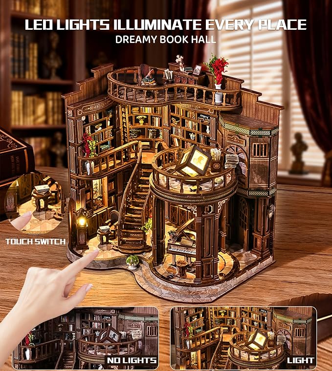 Spilay Book Nook Kit for Adults, Dreamy Book Hall DIY Miniature House Kit | With Warm LED Light, DIY Wooden Craft for Bookshelf Decor, Reading Nook Display, Book Lover Gifts & Home Decoration