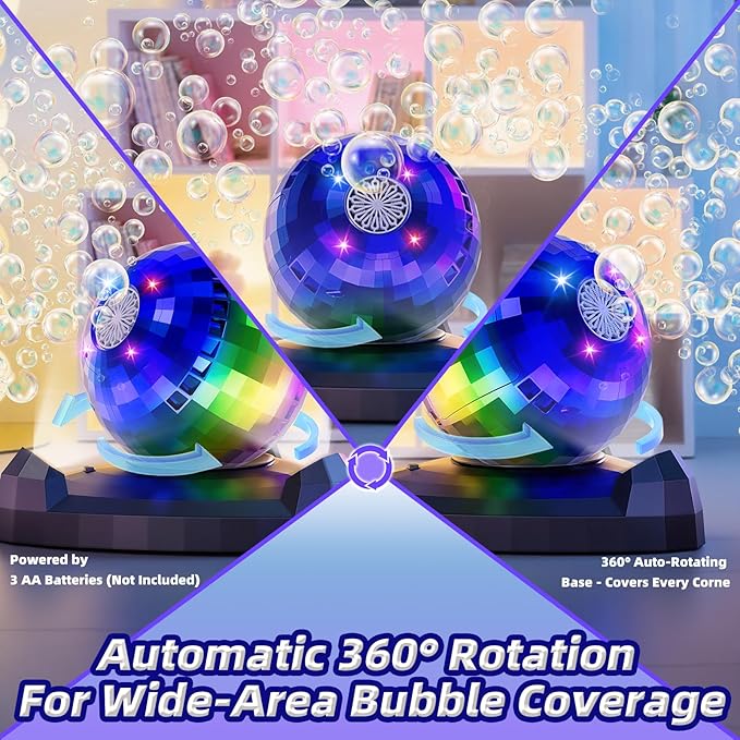 Bubble Machine for Kids & Toddlers 1-3, Automatic Disco Bubble Blower Maker with Bubble Toys, LED Lights & 360° Rotation, 10000+ Bubbles Per Min, Outdoor Game Toy for Easter Birthday Party
