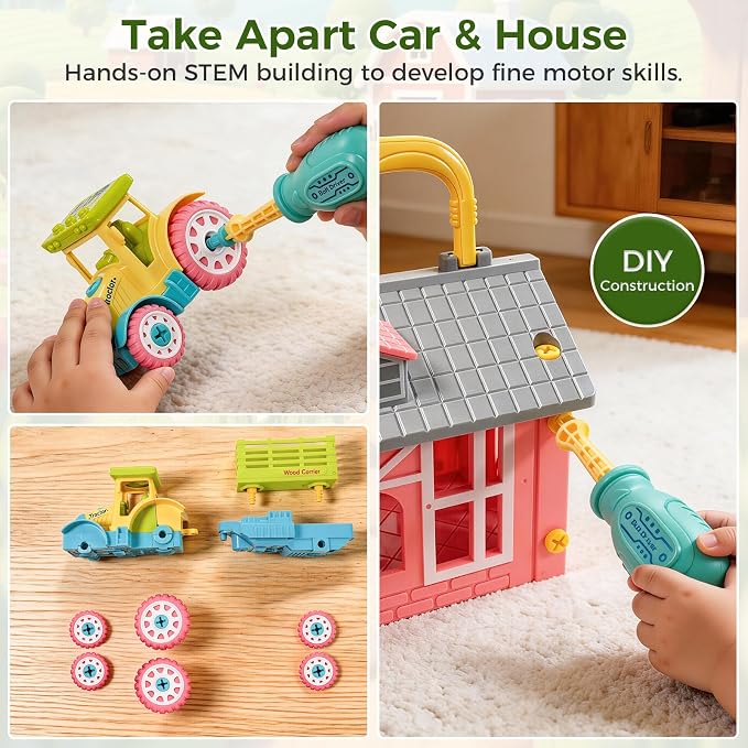 Farm Animals Toys for Kids 3+, DIY STEM Take Apart Tractor & Animal Figures, Montessori Farm Set with Barn Storage Case