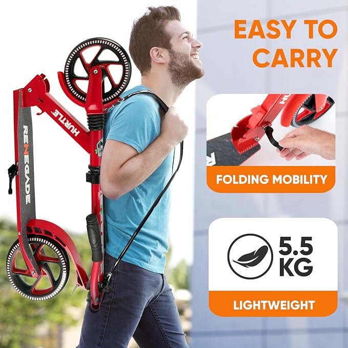 Hurtle Renegade Kick Scooter for Kids, Teenagers & Adults - 2-Wheel Folding Scooter with Adjustable T-Bar Handlebar - Alloy Anti-Slip Deck