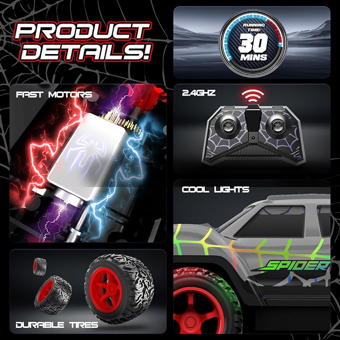 Spider RC Car for Kids, Remote Control Car with Color-Changing LED Body Lights, 2.4GHz RC Racing Toy with 50m Control Range, Great Value Gift for Boys Girls 6 7 8 9 Black