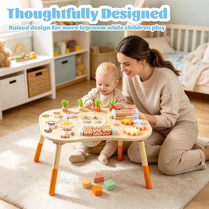 Wooden Activity Table, 6-in-1 Montessori Activity Table for Toddlers, Activity Center for Babies Aged 1–3, Sensory Toys, for Boys and Girls 1+ Years Old