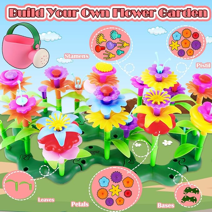 FUNZBO 109pcs Flower Garden Building Toy Set - Spring Toys for 3 4 5 6 7 Years Old Girl, STEM Montessori Educational Toy for Kid Toddler, Sorting & Stacking Building Block Birthday Gift for Girls