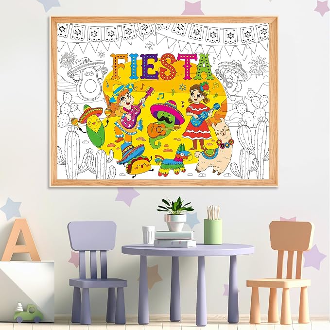 ZOIIWA Large Mexican Fiesta Coloring Poster Giant Coloring Sheet Page De Mayo Tablecloth Big Taco Jumbo Books for Craft Activity Game Home Birthday Party Decorations Supplies Favor 31.4 x 43.3 Inch