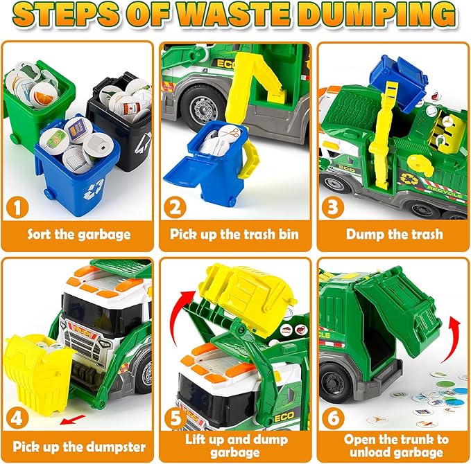 Large Garbage Truck Toy Set for Boys Ages 3 4 5 6 7 8, Kids Trash Truck with Sound, Light, Dumpster, Trash Bins and Learning Cards, Friction Powered Garbage Trucks Christmas Birthday Gifts for Toddler