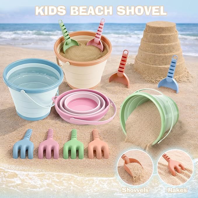 Dreamon Beach Toys, 4 Pack Collapsible Sand Buckets for Kids, Shovels & Rakes Set with Mesh Bag, Kids Beach Essentials Sandcastle Building Kit for Beach Trip Outdoor Play and Summer Fun
