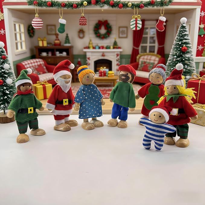 HYSTYLE 7 Pack Wooden Dollhouse Family Dolls Pretend Play Figures, Family Role Play Pretend Play People Figures